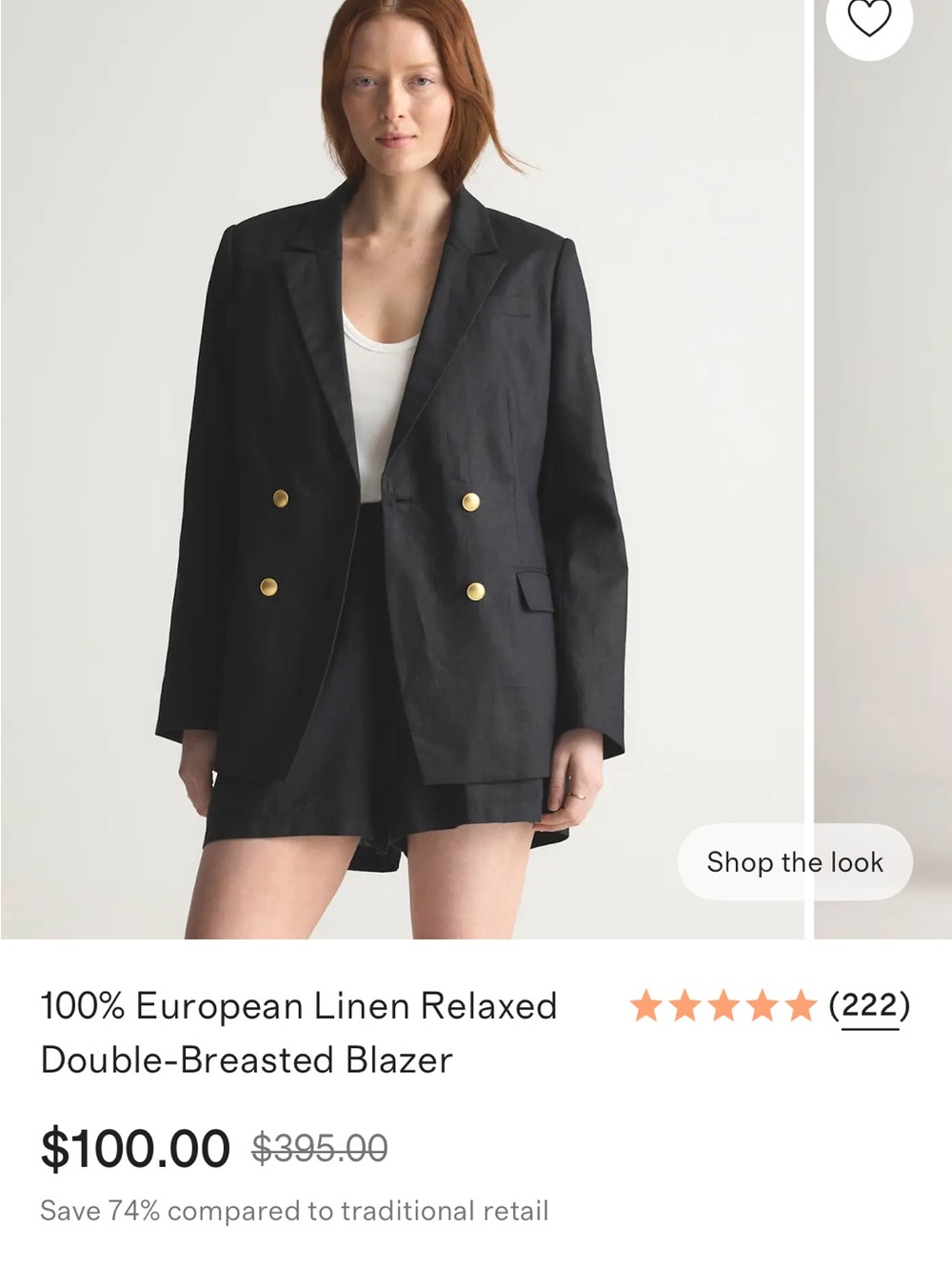 Quince Black Double-Breasted Linen Blazer with Gold Buttons